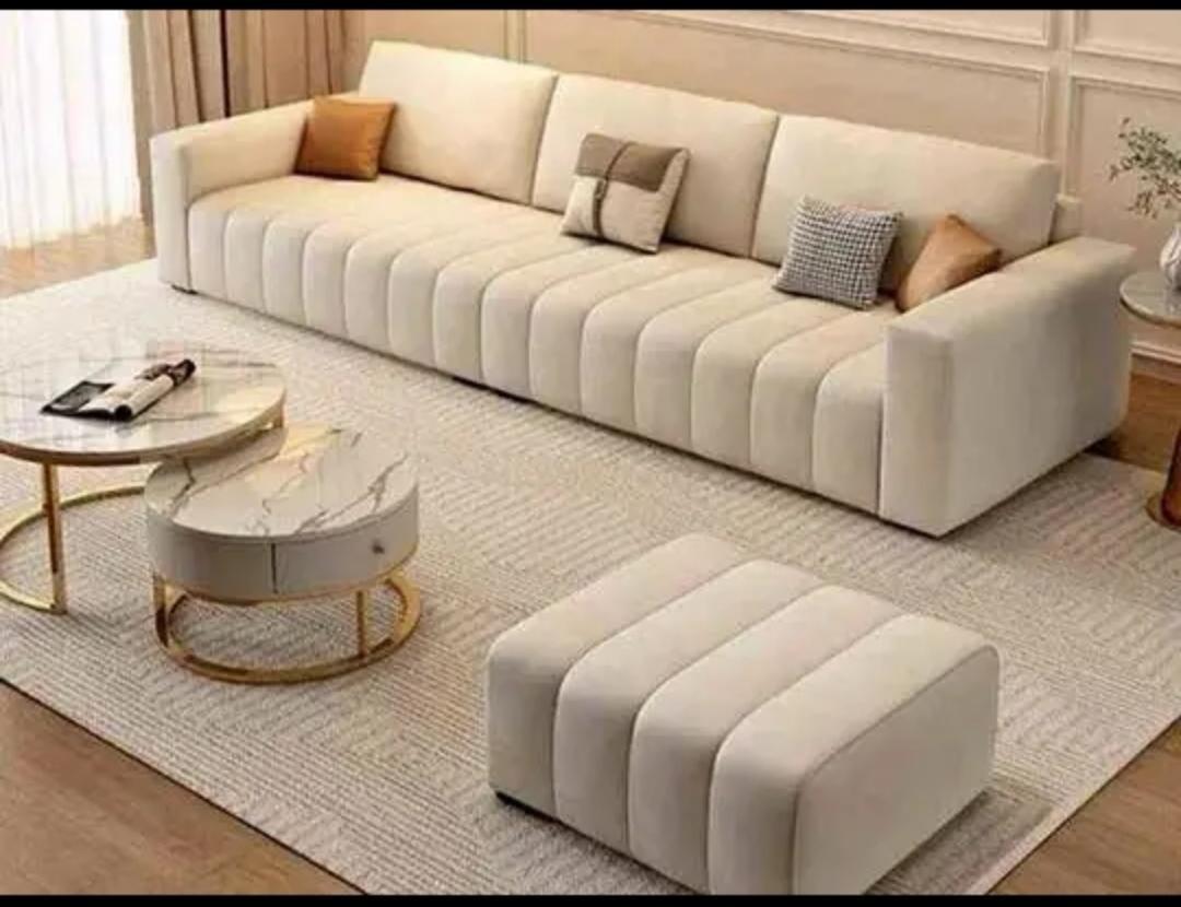Cream White Velvet Three-Seater Panel Couch