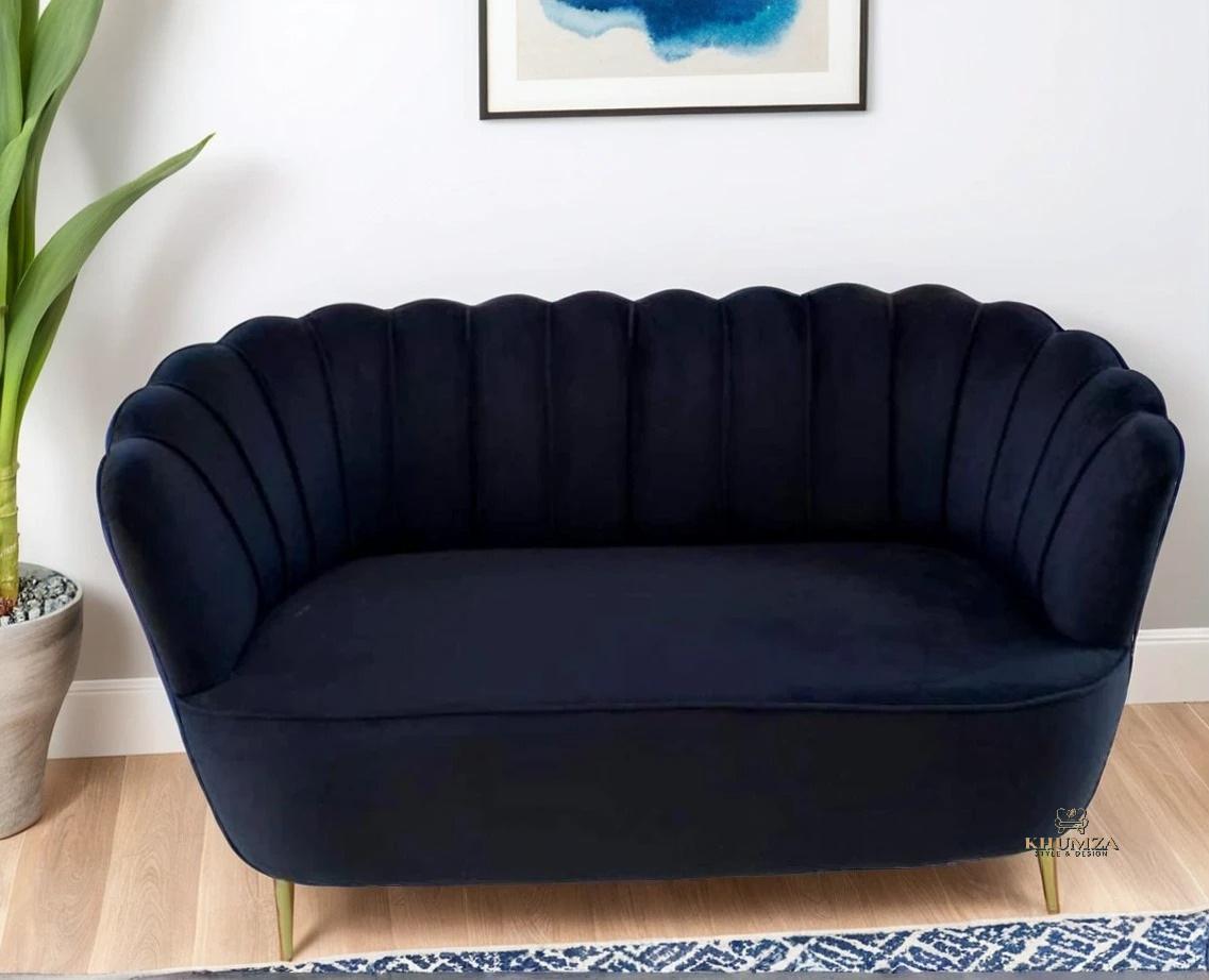 Navy Blue Tulip Velvet Two-Seater Couch